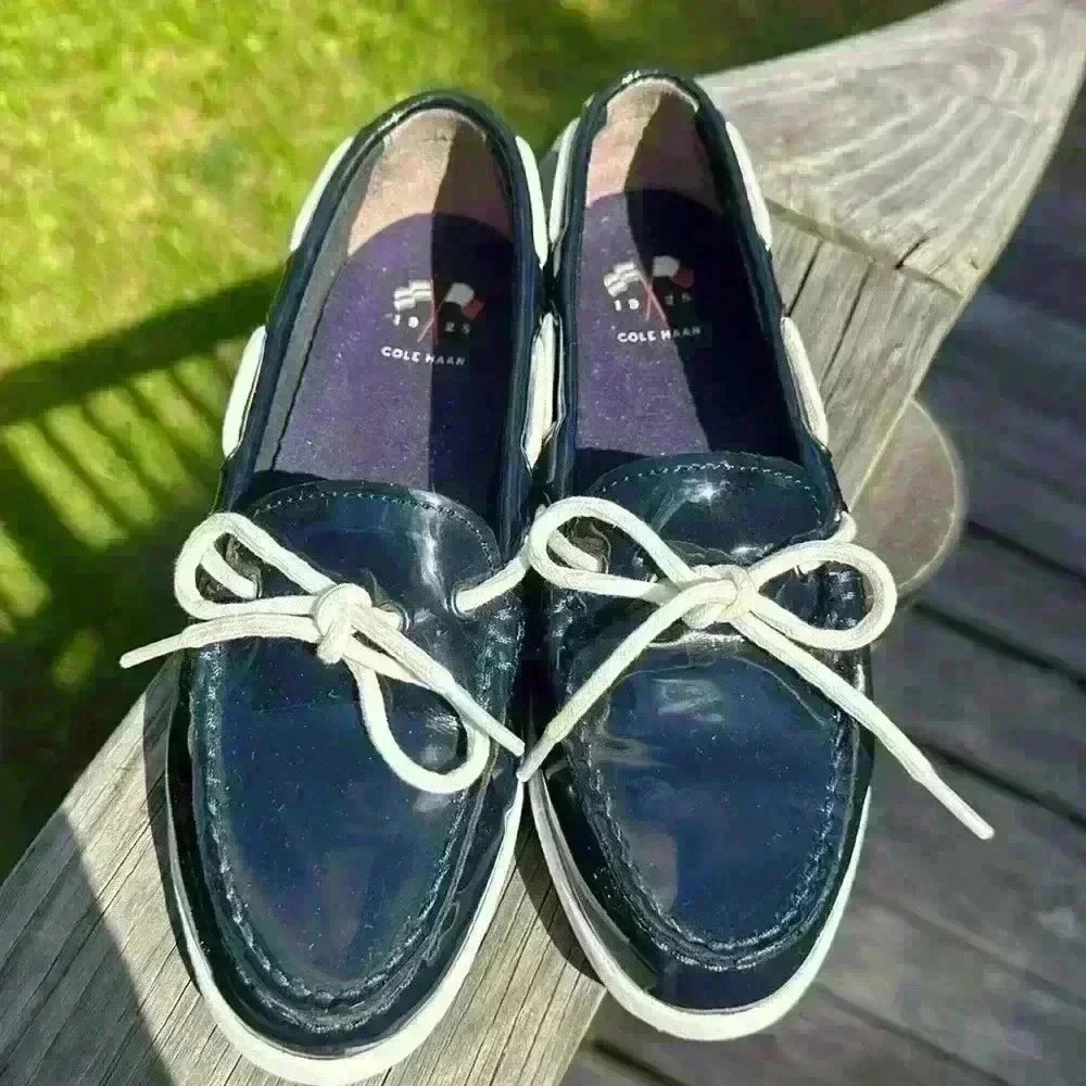 Cole Haan Nantucket Camp Moc Navy Blue Patent Leather Boat Shoes Women's Size 6B - Picture 11 of 13